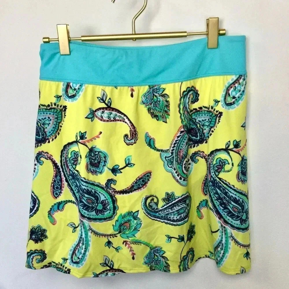 NWT Womens Yellow Tortoise Blue Paisley Mini A-Line Skort Skirt Size Plus 24W